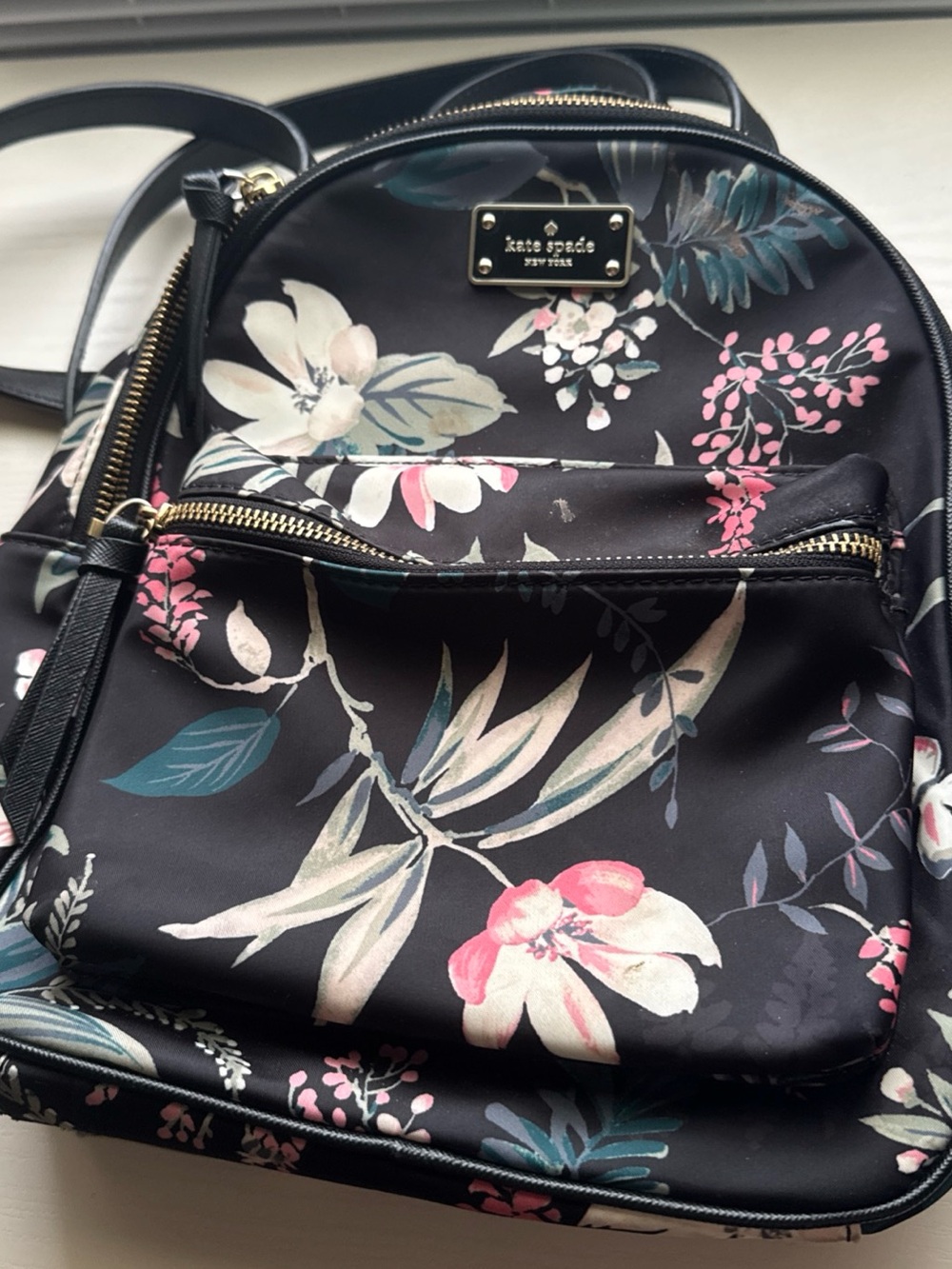 Kate spade Black Floral Mini Backpack with Pink and Teal Accents